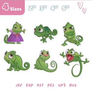 Peut inclure: Six dessins de caméléons de dessins animés dans diverses poses et expressions. Les caméléons sont principalement verts avec des accents vert foncé ou roses. Le texte "4 Tailles" et les mesures en pouces sont inclus.