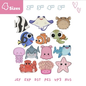 May include: A set of cartoon sea creatures in various colours, such as fish, a stingray, a pufferfish, a turtle, a jellyfish, a shark, an octopus, a blue fish, a crab, coral, and a starfish. The image includes the text "4 Sizes" and sizes from 5 cm to 13 cm.