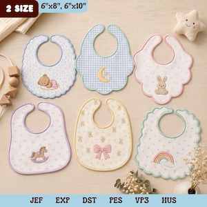 Può includere: Sei bavaglini per neonati nelle misure 15,24 cm x 20,32 cm e 15,24 cm x 25,4 cm con ricami che includono un orsetto che dorme, una luna crescente, un coniglietto, un cavallo a dondolo, un fiocco rosa e un arcobaleno con cuoricini e bordi smerlati.