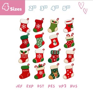 May include: A digital collection of sixteen embroidered Christmas stocking designs in red, green, and white. The stockings feature patterns including snowflakes, polka dots, holly, a snowman, and a reindeer. Text indicates 4 sizes: 2", 3", 4", 5".