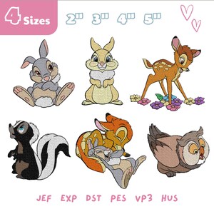 Puede incluir: Un conjunto de diseños de bordado digital con seis animales del bosque, incluyendo un conejo gris, un conejo beige, un cervatillo manchado, una mofeta blanca y negra, un par de zorro y conejo, y un búho. Texto incluye 4 tamaños, 2, 3, 4, 5 pulgadas.