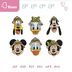 May include: Embroidered cartoon character faces, including Pluto, Daisy Duck, Goofy, Mickey Mouse, Donald Duck, and Minnie Mouse, all wearing safari hats. The image includes the text "4 Sizes" and size measurements in inches.