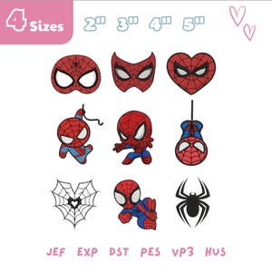 Può includere: Una collezione di nove disegni a tema Spider-Man in rosso, blu e bianco. I disegni includono maschere, una maschera a forma di cuore e varie figure di Spider-Man. L'immagine include anche il testo "4 Taglie" e misure in centimetri.