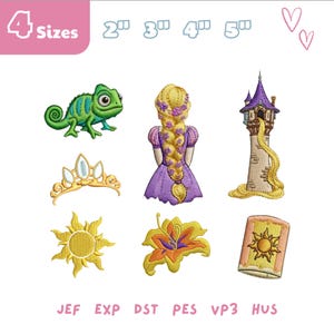 May include: An image featuring embroidery designs of characters and objects from a fairy tale. The designs include a chameleon, a princess with long blonde hair, a tower, a crown, a sun, a flower, and a lantern. The image also includes the text "4 Sizes" and embroidery file formats.