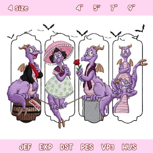 Può includere: Design ricamato con quattro personaggi di draghi viola in varie pose. Un drago è su una botte con il testo "DANGER". Il design include un drago con un ombrellino, un drago con una rosa e un gruppo di draghi. Il testo "4 size" e le misure sono in alto.