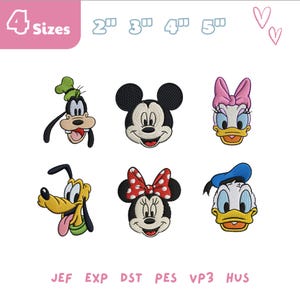 Puede incluir: Parches bordados con personajes de dibujos animados como Mickey Mouse, Minnie Mouse, Pato Donald, Daisy, Goofy y Pluto. Los parches están disponibles en 4 tamaños, que van de 5,08 a 12,7 cm. La imagen también muestra varios formatos de archivo.