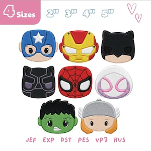 Könnte beinhalten: Ein Set aus acht bestickten Superhelden-Aufnähern in vier Größen: 2, 3, 4 und 5 Zoll. Die Motive zeigen Captain America, Iron Man, Batman, Black Panther, Spider-Man, Spider-Gwen, Hulk und Thor. Dateiformate sind JEF, EXP, DST, PES, VP3 und HUS.