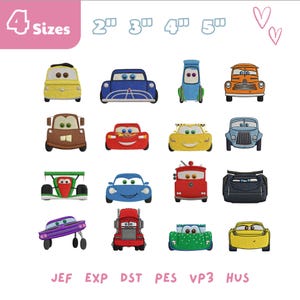 Puede incluir: Una colección de diseños de coches bordados en varios colores, incluyendo amarillo, azul, rojo y verde. La imagen incluye el texto "4 Sizes" y medidas en pulgadas, junto con abreviaturas de tipos de archivo.