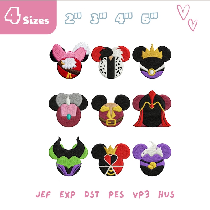 Peut inclure: &Eacute;cussons brod&eacute;s repr&eacute;sentant des personnages de dessins anim&eacute;s de diff&eacute;rentes couleurs. Les &eacute;cussons incluent des motifs de personnages avec des oreilles de souris, habill&eacute;s en m&eacute;chants. L'image comprend le texte "4 Sizes" et les tailles en pouces, ainsi que des abr&eacute;viations de type de fichier.