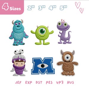 May include: A collection of embroidered patches featuring characters from the movie Monsters, Inc. Includes Sully, Mike Wazowski, Randall Boggs, Boo in a monster costume, the Monsters, Inc. logo, and a brown monster. The patches are available in 4 sizes, from 2 to 5 inches.