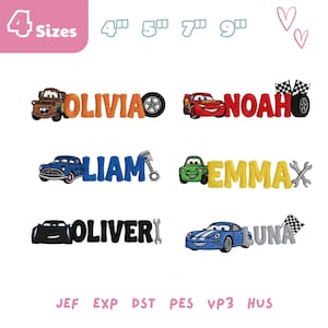 Può includere: Ricami di nomi con auto dei cartoni animati ed elementi associati come pneumatici, chiavi inglesi e bandiere a scacchi. I nomi includono Olivia, Noah, Liam, Emma, Oliver e Luna. Disponibili in 4 misure.