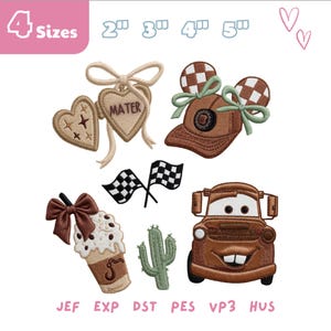 May include: A collection of embroidered patches featuring various designs, including a heart with the word "MATER", a baseball cap with checkered ears, a coffee drink, a cactus, and a cartoon car. The image also includes the text "4 Sizes" and embroidery file formats.