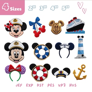 Puede incluir: Colección de parches bordados con personajes de Disney y temas náuticos. Incluye Mickey y Minnie Mouse, un crucero, un faro y un salvavidas. Los parches son de varios tamaños, con el texto "4 Sizes" en la parte superior.