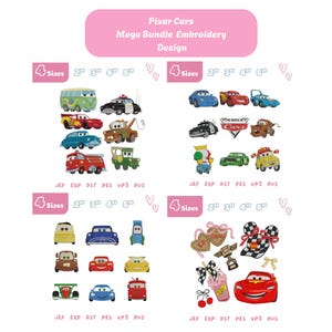 May include: A digital embroidery design bundle titled Pixar Cars Mega Bundle Embroidery Design. It features four sections of various character illustrations from the movie Cars, including cars, trucks, and themed icons, available in 2, 3, 4, and 5 inch sizes.