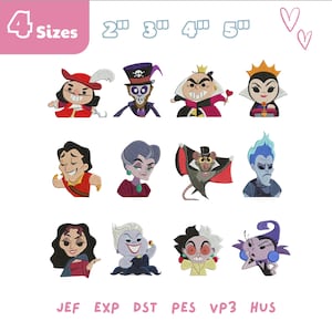 May include: A collection of colorful embroidery designs featuring cartoon villains. The designs include characters with various expressions and outfits. The image also displays the text "4 Sizes" and embroidery file formats.