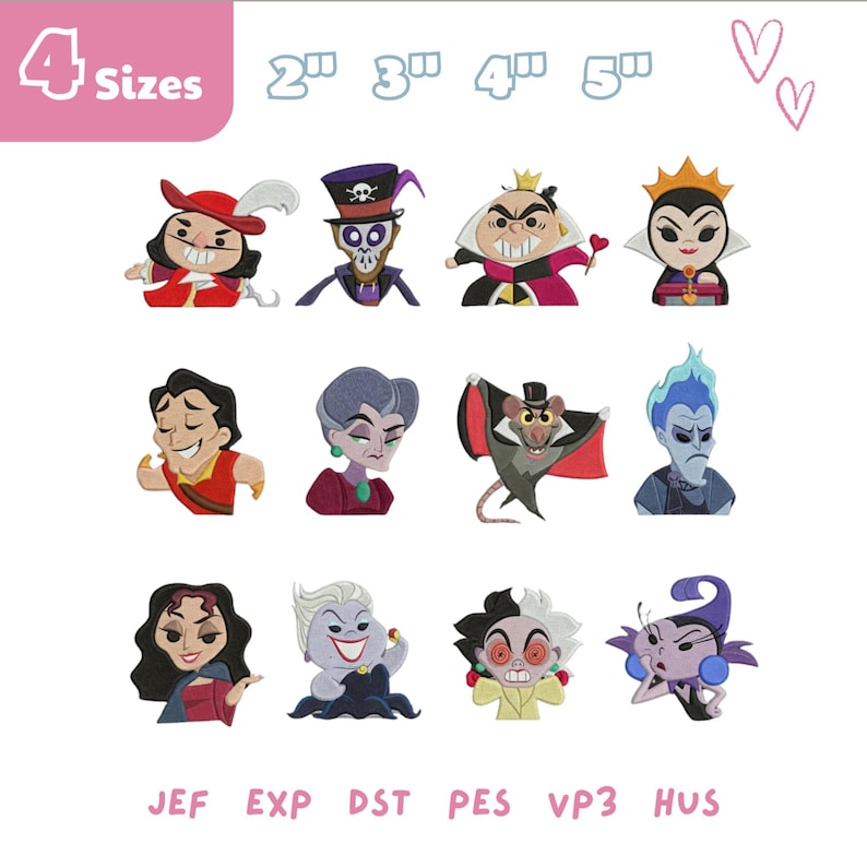 May include: A collection of colorful embroidery designs featuring cartoon villains. The designs include characters with various expressions and outfits. The image also displays the text "4 Sizes" and embroidery file formats.