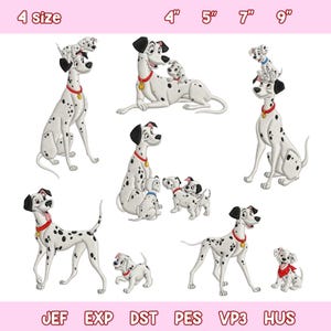 Op de afbeelding: Geborduurde ontwerpen van Dalmatische honden in verschillende poses. De honden zijn wit met zwarte vlekken, met rode halsbanden. Maten worden aangegeven als 10 cm, 13 cm, 18 cm en 23 cm. De afbeelding bevat bestandstype afkortingen: JEF, EXP, DST, PES, VP3 en HUS.