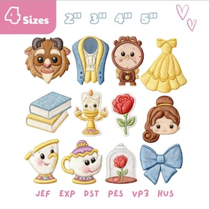 May include: A collection of embroidered patches featuring characters and objects from a fairy tale. Includes a beast, a jacket, a clock, a yellow dress, books, a candle, a rose, a girl's face, a teacup, a teapot, a rose in a glass dome, and a blue bow. The text "4 Sizes" is visible.