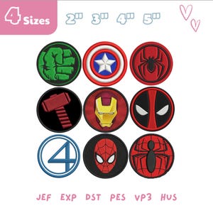 May include: Nine round embroidered patches featuring superhero emblems. The patches include the Hulk's fist, Captain America's shield, Spider-Man's spider, Thor's hammer, Iron Man's mask, Deadpool's mask, the Fantastic Four logo, and two Spider-Man designs. The image also shows the text "4 Sizes".