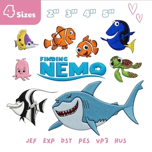 May include: Embroidered designs featuring characters from the movie "Finding Nemo", including Nemo, Dory, and a shark. The image also includes the text "Finding Nemo" and the sizes 2", 3", 4", and 5".