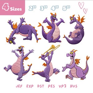 May include: Embroidered patches featuring a purple dragon in various poses with orange wings and accents. The patches are available in 4 sizes, with text at the bottom indicating file formats: JEF, EXP, DST, PES, VP3, HUS.