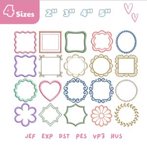 Puede incluir: Una colección de 20 diseños de marcos bordados en varias formas, incluyendo cuadrados, círculos y corazones. Los marcos son de colores pastel como rosa, verde y azul, con el texto "4 Sizes" y abreviaturas de tipos de archivo en la parte inferior.