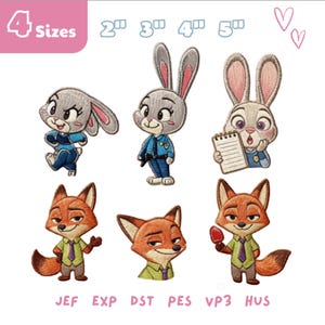 Zootopia broderidesignpaket, Zootopia-karaktärer broderifil, Judy Hopps Nick Wilde, familjeliv, resa
