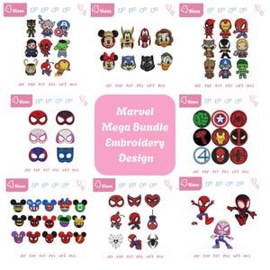 May include: A collection of Marvel-themed embroidery designs, including characters like Spider-Man, Captain America, and Mickey Mouse. The designs are in various sizes, with a pink background and the text "Marvel Mega Bundle Embroidery Design".