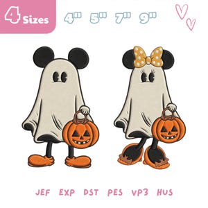 May include: Embroidered Halloween designs featuring two cartoon ghosts, one with a bow. Each ghost holds an orange jack-o'-lantern. The designs have black ears and feet, with the text "4 Sizes" and size measurements in inches. The image includes file type abbreviations.