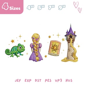 以下が含まれることがあります： 緑色のカメレオン、長い金髪の女の子、太陽のデザインの浮かぶランタン、高い塔を特徴とする刺繍デザイン。 デザインには「4 Sizes」の文字と刺繍ファイル形式が含まれています。