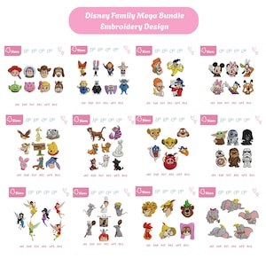 May include: A collection of Disney character embroidery designs, including characters from Toy Story, The Little Mermaid, and Star Wars. The designs are in various sizes and formats, with the text "Disney Family Mega Bundle Embroidery Design" at the top.