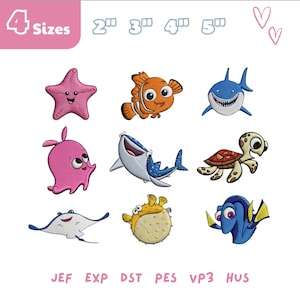 Puede incluir: Una colección de criaturas marinas de dibujos animados coloridos, incluyendo una estrella de mar rosa, un pez payaso naranja, un tiburón azul, un pulpo rosa, un tiburón ballena, una tortuga marina, una raya, un pez globo amarillo y un pez cirujano azul. El texto "4 Sizes" está incluido.
