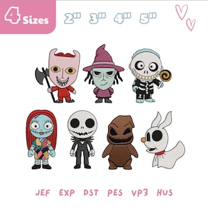 Può includere: Ricami di personaggi del film "Nightmare Before Christmas", tra cui Jack Skellington e Sally. L'immagine mostra vari personaggi e include il testo "4 Sizes" e abbreviazioni dei tipi di file.