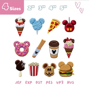 Peut inclure: Une collection de patchs brodés colorés représentant divers aliments et des motifs sur le thème de Mickey Mouse. Comprend un cornet de glace, une barbe à papa, une part de pizza, un beignet, un churro, une tasse de café, une glace, du pop-corn, un visage de Mickey Mouse et un hamburger. Le texte "4 Sizes" est visible.
