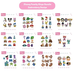 Musse Pigg & Vänner Familjebroderidesign Mega Bundle, Pixar-karaktärer broderifil, Toy Story, Zootropolis, Chip och Dale, Pixar-familjen