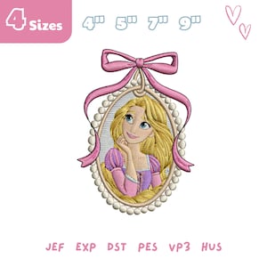 May include: An embroidered design featuring a cartoon princess with long blonde hair, wearing a pink and purple dress, framed by a pearl-edged oval and a pink ribbon. The design is available in 4 sizes: 4", 5", 7", and 9".