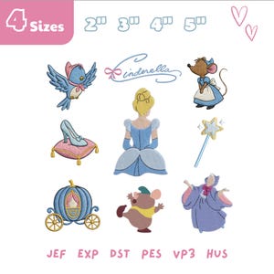 May include: A collection of embroidered designs featuring Cinderella characters and elements. Includes a bluebird, a glass slipper on a pillow, Cinderella's dress, a mouse, a magic wand, a carriage, and the Fairy Godmother. The word "Cinderella" is written in cursive.