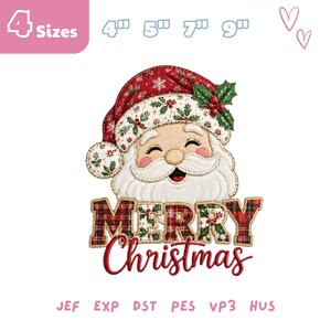 May include: An embroidery design featuring a smiling Santa Claus face with a red and white holly-patterned hat, positioned above the text MERRY Christmas. The design includes 4 sizes: 4 inches, 5 inches, 7 inches, and 9 inches, with file formats JEF, EXP, DST, PES, VP3, and HUS.