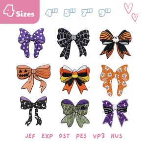 May include: Nine embroidered Halloween-themed bows in various colors and designs. The bows include polka dots, spiderwebs, jack-o'-lanterns, candy corn, and floral patterns. The image also includes the text "4 Sizes" and embroidery file formats.