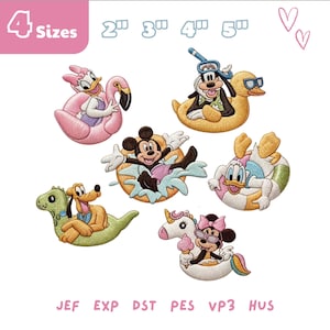 Puede incluir: Parches bordados con personajes de Disney en flotadores inflables. Daisy Duck en un flamenco, Goofy con un esnórquel en un pato, Mickey Mouse, Donald Duck, Pluto en un dinosaurio y Minnie Mouse en un unicornio. Los parches están disponibles en 4 tamaños.