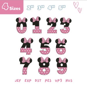 May include: A collection of numbers 0-9, each designed with a Minnie Mouse theme. The numbers are black with pink polka dots and topped with a pink bow. The image also includes the text "4 Sizes" and file type abbreviations.