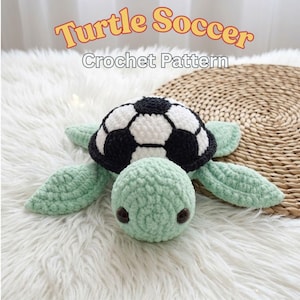 May include: A crocheted turtle toy with a shell designed like a black and white soccer ball. The turtle has a light green head and flippers with dark brown eyes. The text Turtle Soccer Crochet Pattern is displayed above the toy.
