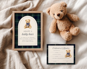 Placa e certificado de adoção de ursinho de pelúcia, placa "Adote um Urso", decoração para festa de aniversário de menino, urso estilo preppy, xadrez tartan, modelo para Canva