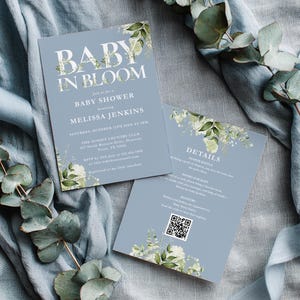 Baby In Bloom Baby Shower Invitation, Dusty Blue Boy Baby Shower Invite, Floral Greenery, Spring, Summer, QR Code, Editable Canva Template