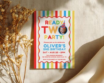 Ready Two Party Birthday Invitation, Boys 2nd Birthday, Colorful 2nd Birthday Invite, Fun Second Birthday Photo Invite, Canva Template