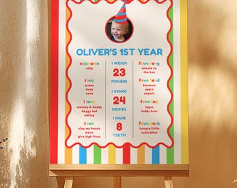 É divertido ter um ano! Estatísticas do primeiro aniversário, primeiro aniversário de menino, decoração colorida para o primeiro aniversário, placa comemorativa do primeiro aniversário com foto, modelo do Canva