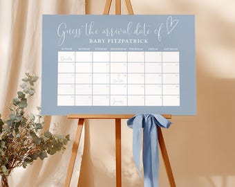 Calendário de Chá de Bebê para Menino Azul com Data Prevista para a Chegada, Adivinhe a Data de Chegada, Caligrafia Elegante, Azul Acinzentado, Modelo para Canva