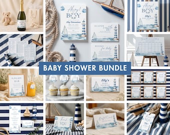 Ahoy It's A Boy babyshower uitnodigingsbundel afdrukbaar, jongensbabyshowerbundel en bewerkbare games, nautisch, aquarel oceaan, zeilboot