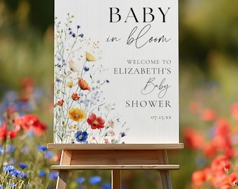 Baby in bloei babyshower welkomstbord, wilde bloemen babyshower decor, genderneutraal, bloemen babyshower decor, bewerkbare canvassjabloon