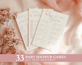 Conjunto de Jogos para Chá de Bebê Rosa para Menina, Pacote de Jogos para Chá de Bebê com Caligrafia Elegante, Rosa Antigo, Modelo para Canva